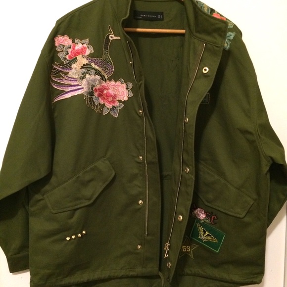 ZARA Embroidered Green Parka Jacket - M - Picture 6 of 8